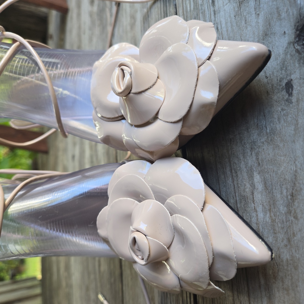 Lemonade Blush Pink Patent Strappy Ankle Tie Heels With Large Flower At Vamp - Picture 3 of 15